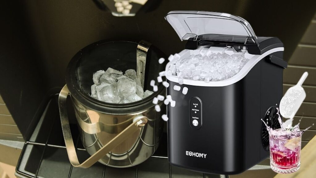 EUHOMY Nugget Ice Maker Countertop with Handle, Ready in 6 Mins, 34lbs24H, Removable Top Cover, Auto-Cleaning, Portable Sonic Ice Maker with Basket and Scoop, for HomePartyRVCamping. (Black)