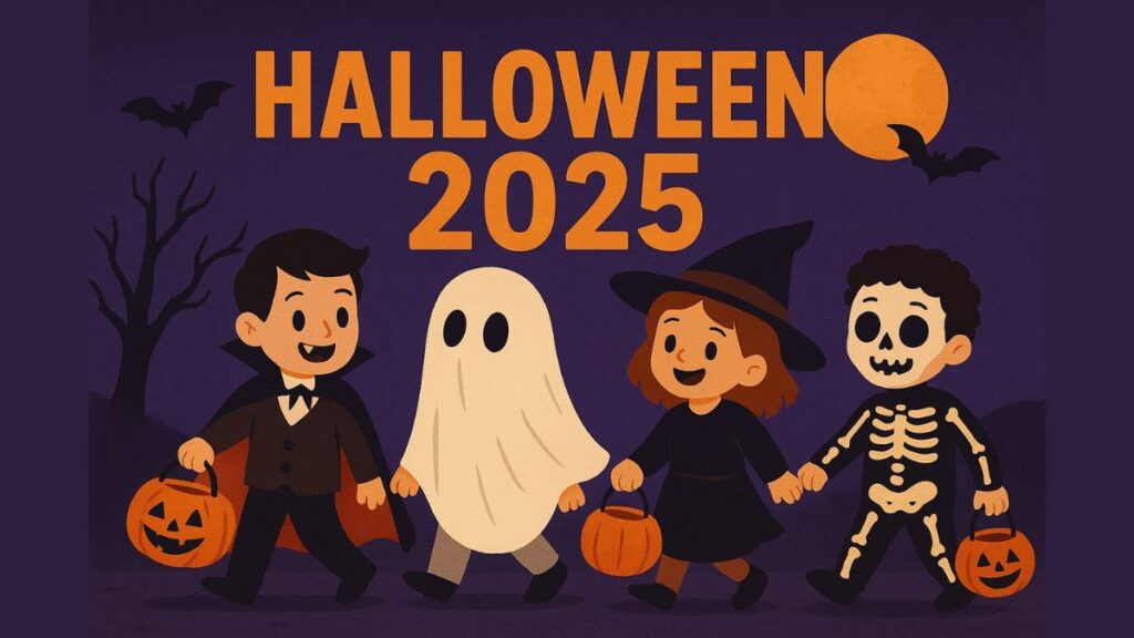 Children in spooky costumes trick-or-treating on Halloween